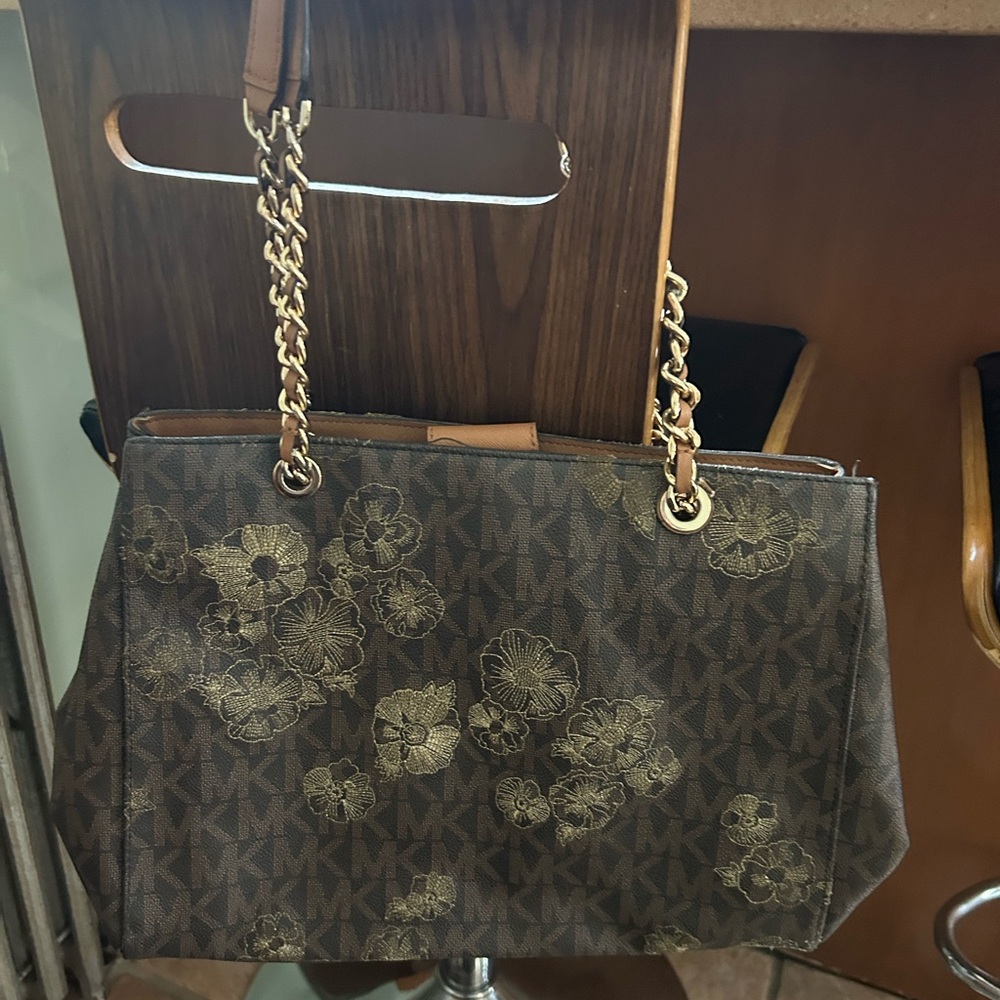 Michael Kors Brown and Gold Floral Shoulder Bag, Gold Chain Handles.
